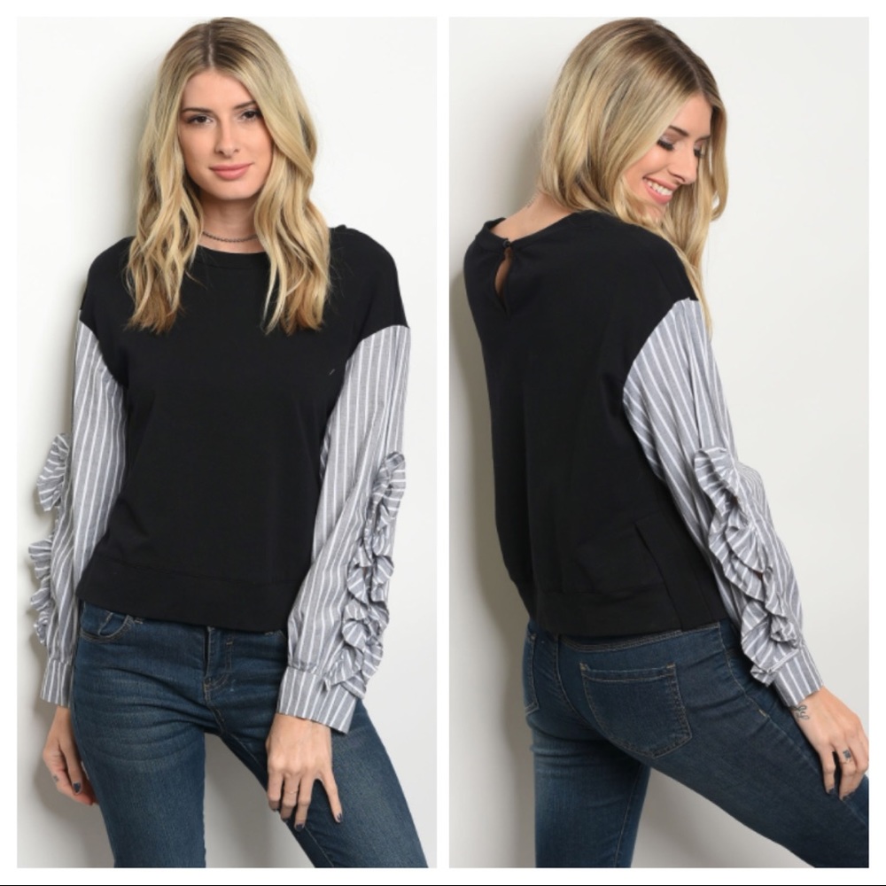 Long Ruffle Poplin Sleeve Cotton Blend Top